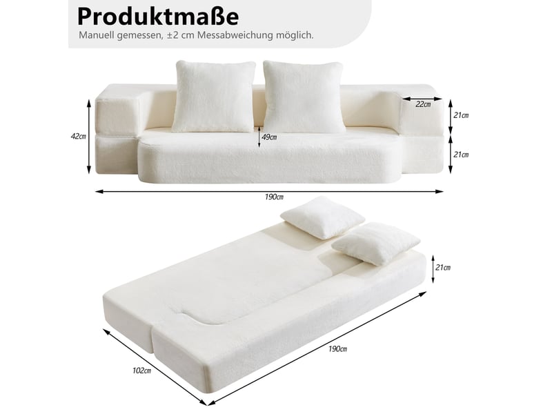  Canapé convertible 2 places 190x50x42 cm compressé, pliable, mousse douce, couleur blanc, design moderne  - Conforama C