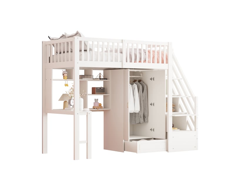  Lit mezzanine 90x200 cm - lit enfant avec bureau et armoire - rangements intégrés - bois blanc  - Conforama A