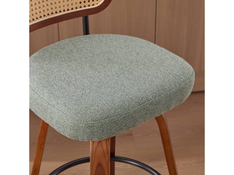  Ensemble de 3 tabourets de bar pivotants 26 po – noyer, dossier cannage rotin, siège vert lin, îlot de cuisine  - Conforama E