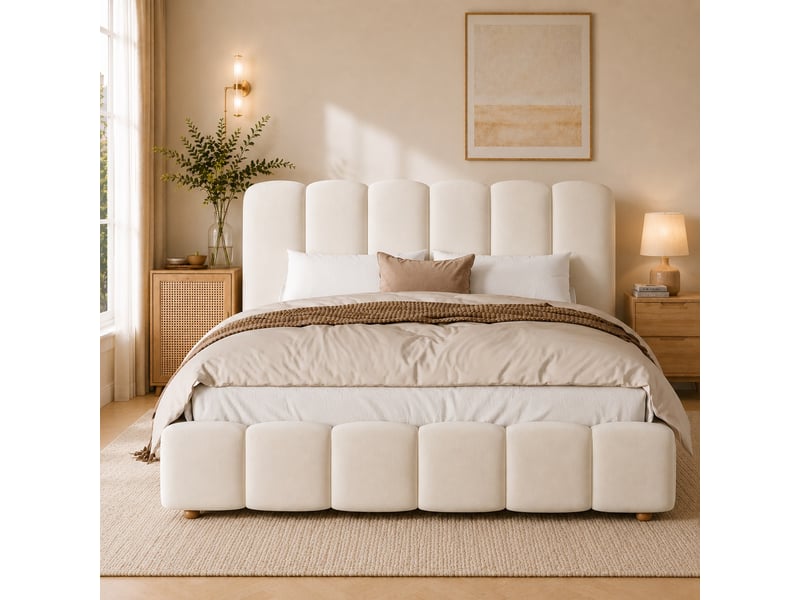  Lit double rembourré 140 x 190 cm avec coffre hydraulique, tête de lit capitonnée et pieds en bois massif, velours beige  - Conforama D