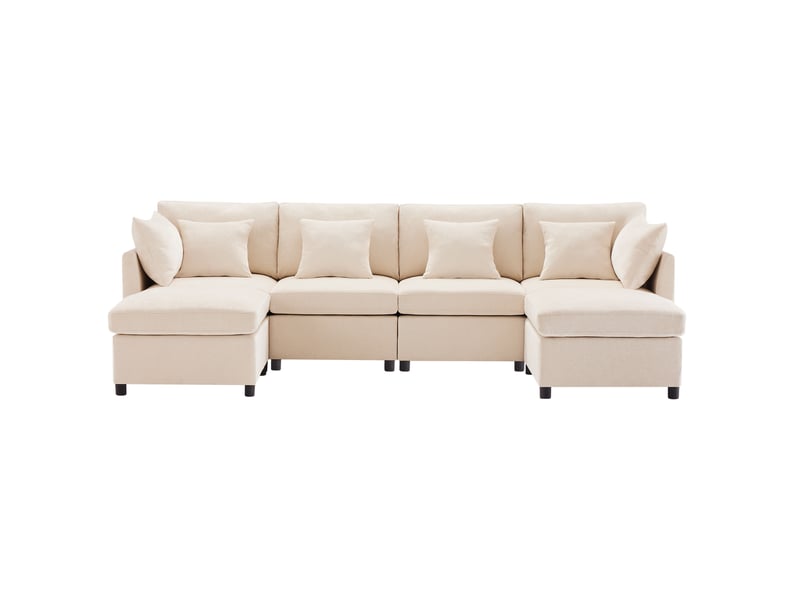Canapé modulable beige en chenille avec 2 poufs et 6 coussins - Conforama A
