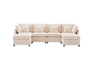 Canapé modulable beige en chenille avec 2 poufs et 6 coussins