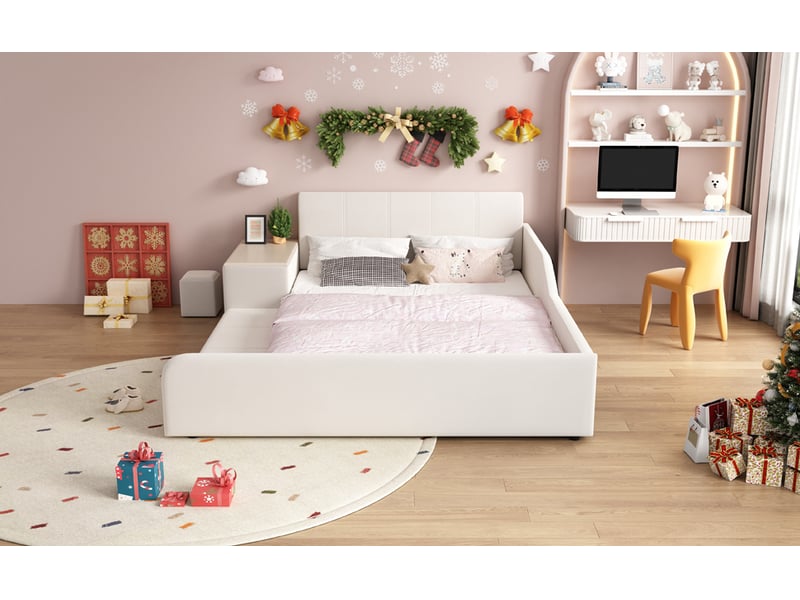 Lit enfant 140x200 cm avec bureau et tabouret blanc velours sommier lattes bois rangement Sol Morn - Conforama D
