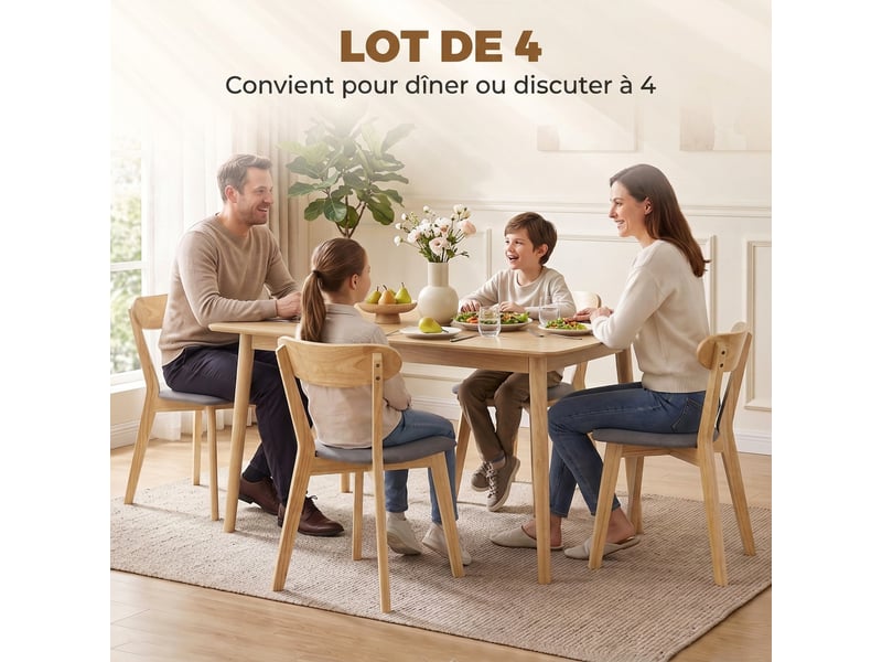  Lot de 4 chaises de salle à manger, chaises cuisine, assise rembourrées en lin, dossier incurvé, gris et bois naturel  - Conforama D