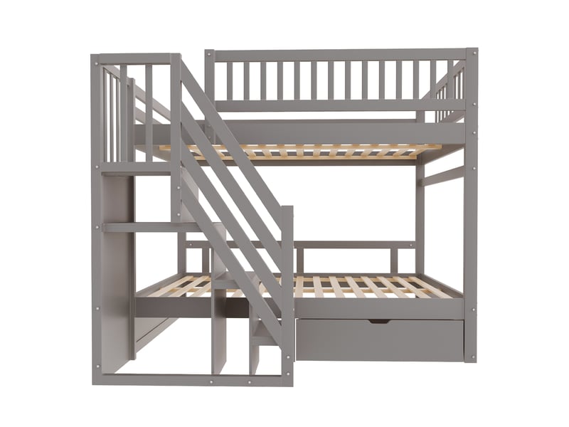  Lit superposé avec escalier-rangement, bois massif gris, 140x200 cm, barrières hautes et tiroirs  - Conforama A