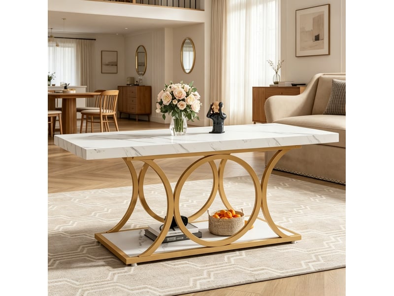  Table basse rectangulaire 2 niveaux blanche et dorée, effet marbre et métal, avec rangement pour le salon  - Conforama B