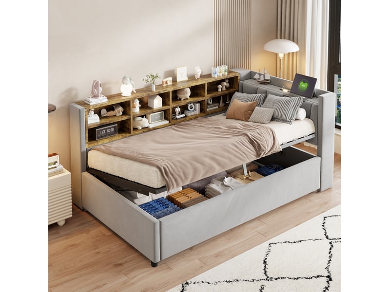 Lit coffre 90x200 tête multifonction lampe usb type-c rangement moderne revêtement velours gris clair sans matelas - Conforama D