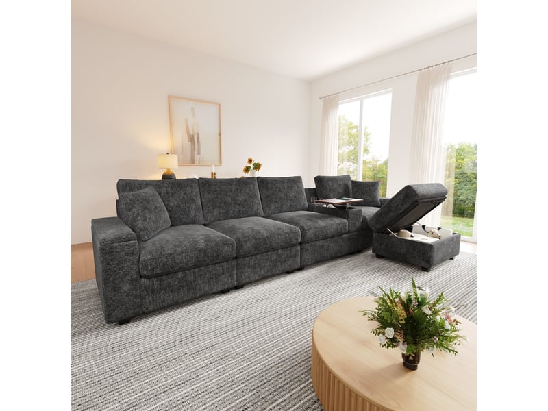  Canapé d’angle modulaire 5 places en chenille gris avec ottomane et rangement  - Conforama B