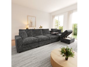 Canapé d'angle réversible fixe <strong>MAISENTIEL</strong> <strong></strong> 5 places Tissu gris avec coffre de rangement