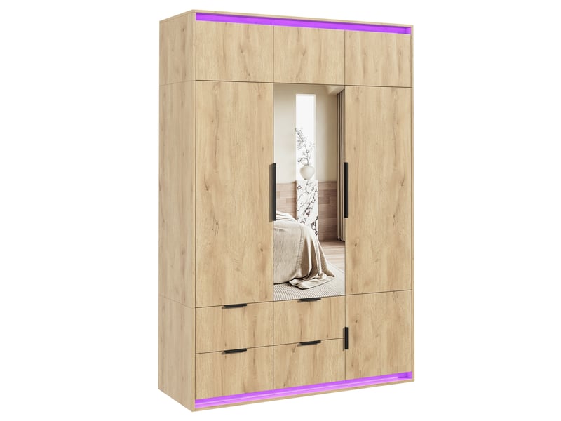  Armoire 135x47x200 cm avec miroir et led, 1 tringle, 4 tiroirs, mdf, coloris bois chambre et dressing pour dressing  - Conforama A