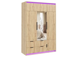 Armoire 135x47x200 cm avec miroir et led, 1 tringle, 4 tiroirs, mdf, coloris bois chambre et dressing pour dressing