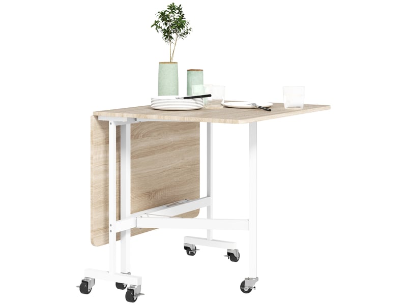  Table pliable 6 personnes - table à rabat mobile 6 roulettes - acier blanc effet bois clair  - Conforama E