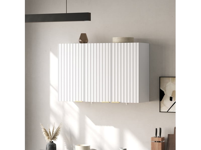 Armoire murale 3 portes, rangement fermé, poignées dorées, pour cuisine et salle de bain, mdf blanc, 90 × 29 × 60 cm  - Conforama B