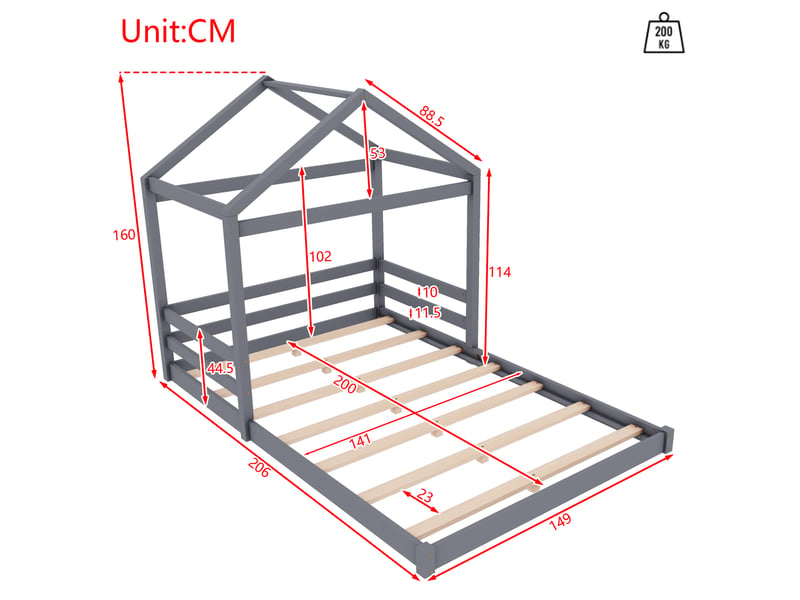  Lit enfant cabane 140x200 cm avec sommier à lattes coloris gris  - Conforama C