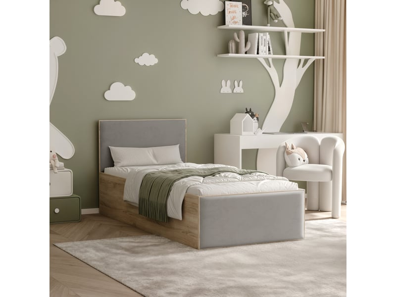  Lit coffre sashi - 90x200 cm - avec matelas - tissu velours - sonoma gris SASHI - Conforama B