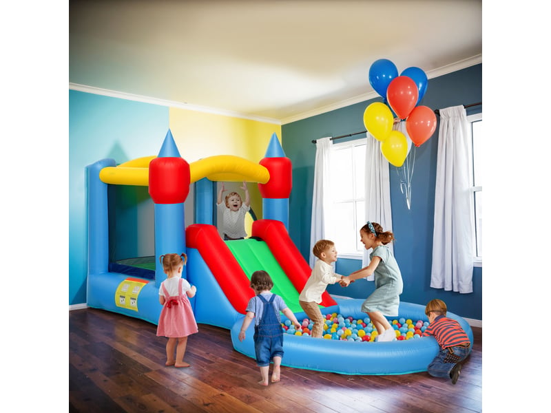  Château gonflable 4 en 1 : trampoline avec toboggan, 415 x 205 x 190 cm, multicolore  - Conforama D