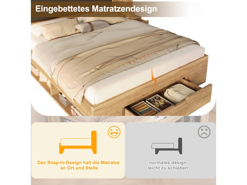  Lit avec tiroirs double 160×200 cm et 180×200 cm, lampe de lecture, tiroir et 2 chevets - sans matelas, mdf - naturel  - Conforama E