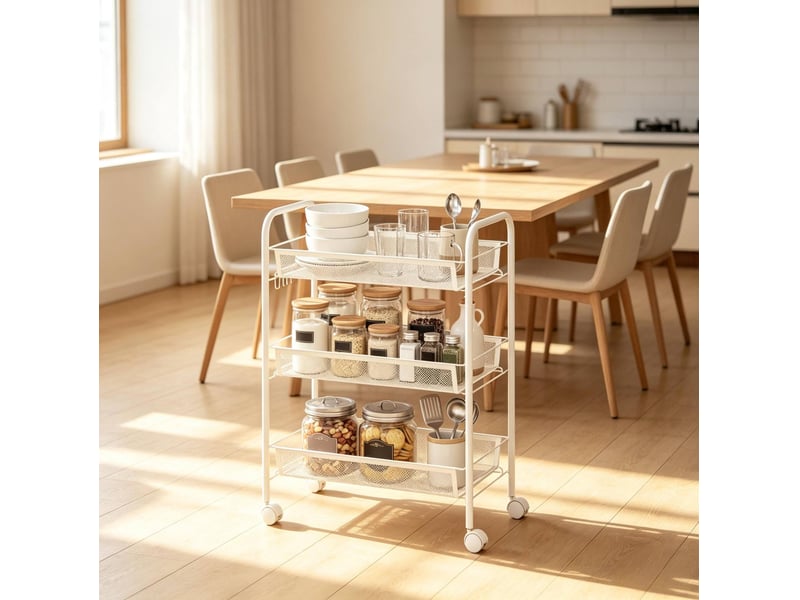  Desserte de rangement 3 niveaux 45 x 26,5 x 63 cm blanc en acier, paniers et roulettes verrouillables  - Conforama D