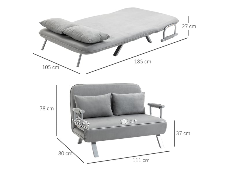  Canapé convertible ulevr 2 places avec dossier réglable 5 positions, couchage 185 x 105 cm, polyester gris clair  - Conforama C