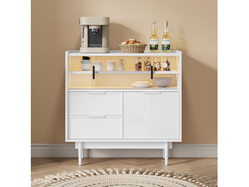  Buffet meuble de rangement 80x35x80 cm, portes en verre, éclairage led réglable, meuble salon et cuisine, mdf blanc  - Conforama D