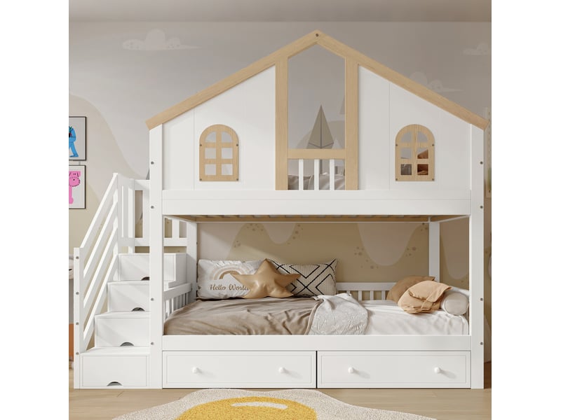  Lit superposé enfant modenvie 90 x 200 cm avec escalier de rangement blanc et bois naturel  - Conforama D