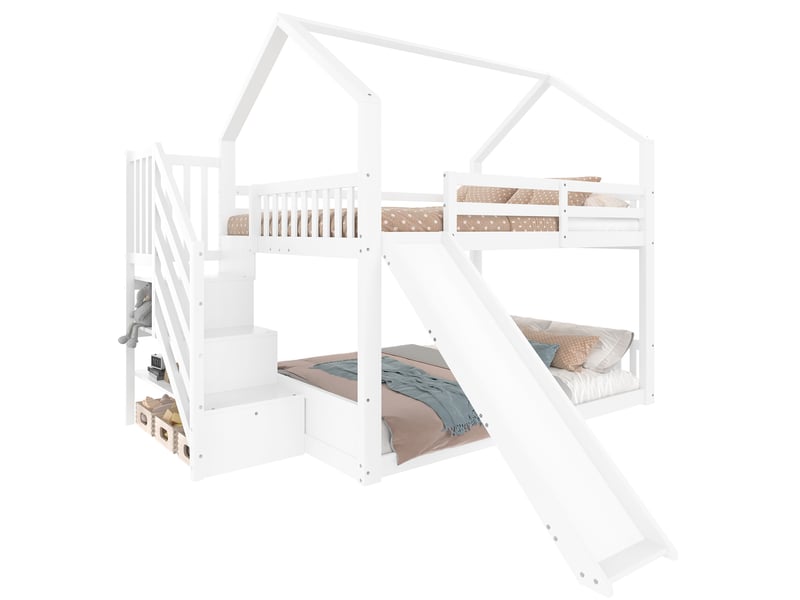  Lit superposé enfant 140x200 cm avec escalier de rangement et toboggan blanc  - Conforama A