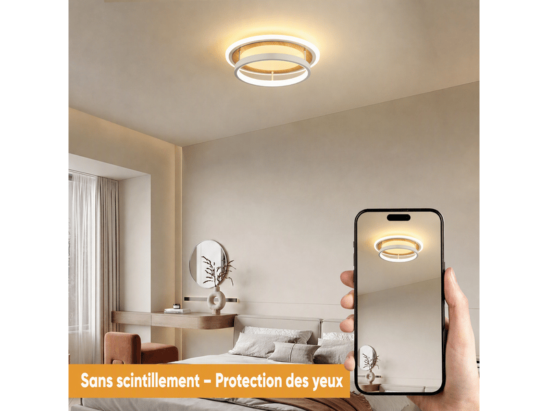  Plafonnier led rond moderne, d30 x h9 cm, lampe de plafond 30 w 2494 lm, blanc sable et bois, 3000 k blanc chaud, salon, chambre, cuisine  - Conforama E