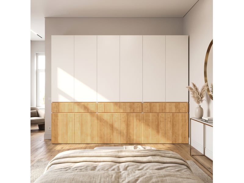 Armoire à portes battantes modenvie 270 x 50 x 200 cm, 12 portes, 3 tringles et 3 tiroirs, décor chêne clair et gris - Conforama B