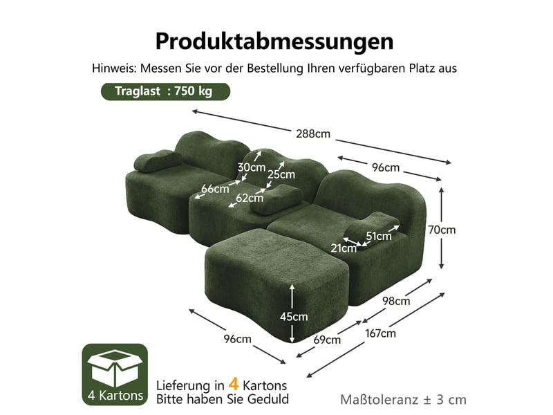  Canapé d'angle ulevr modulable 3 places avec pouf, velours vert, forme ondulée, 288 x 167 x 70 cm  - Conforama C