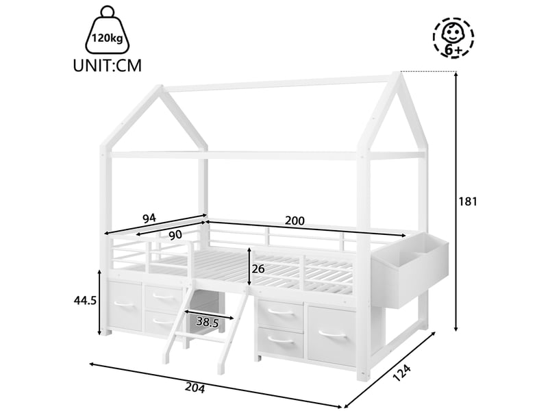  Lit mezzanine enfant 90 x 200 cm avec toit maison, led et tiroirs en tissu blanc  - Conforama C