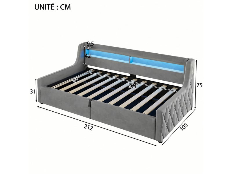  Lit coffre 90 x 200 cm en velours gris avec ouverture hydraulique et éclairage led multicolore, sans matelas  - Conforama C
