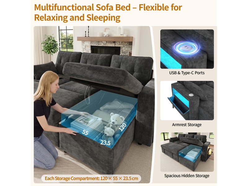  Canapé d'angle convertible réversible avec coffre, led tactile, ports usb et type-c, 2 coussins en chenille gris  - Conforama E