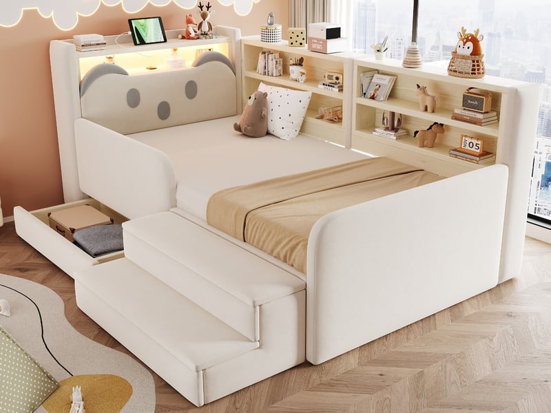 Lit rembourré pour enfant, 90 x 200 cm, dossier avec tablette et plusieurs compartiments, tiroir et port usb, velours, beige - Conforama B
