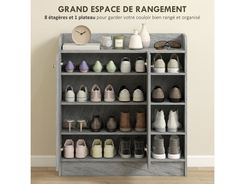  Meuble de rangement à chaussures pour entrée avec 4 compartiments ouverts et placard double porte avec étagère réglable  - Conforama E