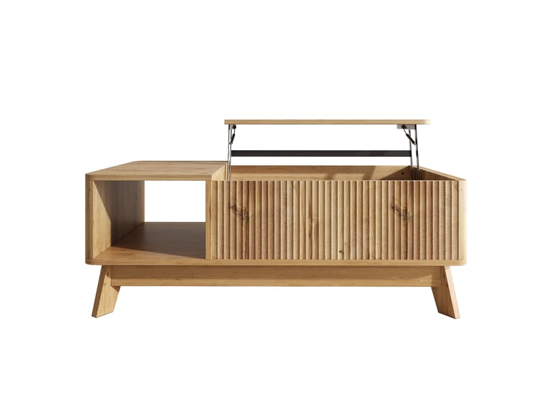  Table basse 95x48x50 cm, plateau relevable, grand rangement, façade ondulée, style scandinave pour salon et séjour - naturel  - Conforama A