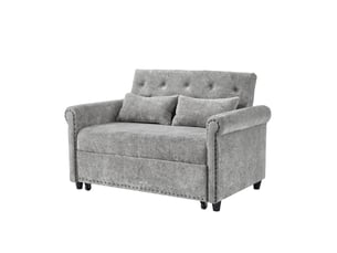 Canapé droit convertible 2 places gris en tissu, dossier réglable 3 positions et couchage d'appoint compact