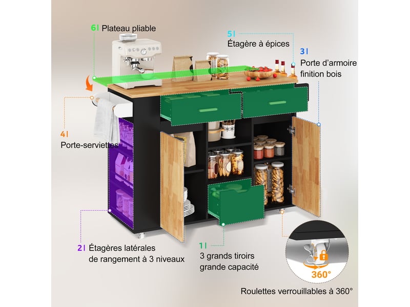 Desserte de cuisine avec plan de travail relevable, 3 tiroirs, étagère à épices et roulettes freinées pour cuisine - Conforama E