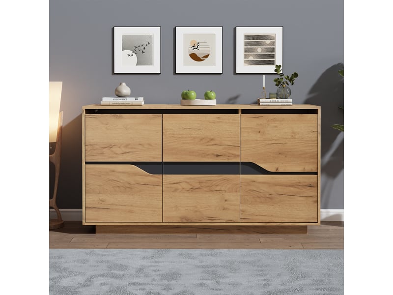  Buffet avec 3 portes et 5 étagères réglables, charnières à fermeture douce, coloris chêne et noir, 140 × 40 × 70 cm  - Conforama B