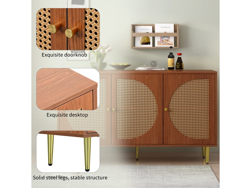 Buffet haut 129.8x40x76 cm 3 portes rotin meuble rangement salon chambre cuisine noyer - Conforama E