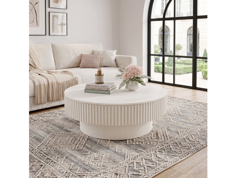 Table basse ronde 75 cm – blanc crème – coffre caché, design moderne avec rangement discret pour salon ou bureau - Conforama B