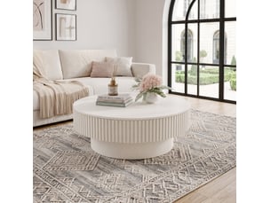 Table basse ronde 75 cm – blanc crème – coffre caché, design moderne avec rangement discret pour salon ou bureau
