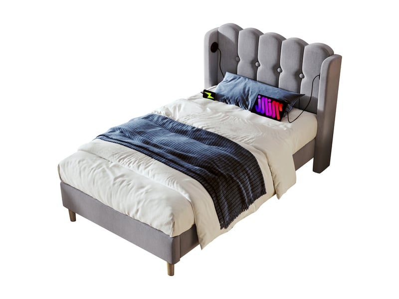  Lit simple 90x200 cm avec port usb et port type-c, gris, sans matelas  - Conforama D