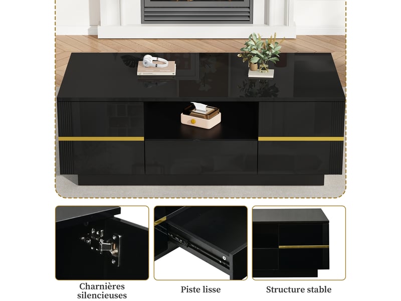  Table basse 100x50x35,5 cm noire et dorée, led, 2 portes, 1 tiroir et niche ouverte Fay Lum - Conforama D