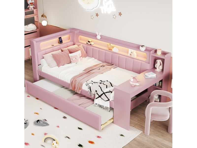  Modenvie lit banquette 90x200 cm - avec led, ports usb et lit gigogne - avec bureau intégré - rose  - Conforama B