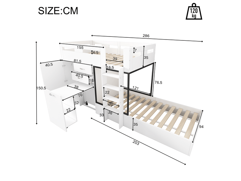  Lit mezzanine enfant 90 x 200 cm, bureau coulissant, penderie, tiroir, étagères et échelle, gain de place, sans matelas, coloris blanc ABC - Conforama C