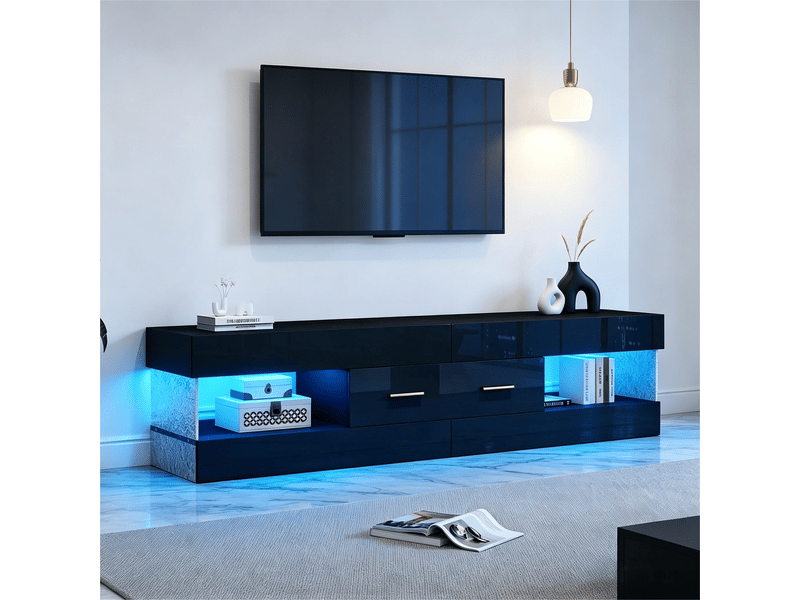  Meuble tv led 152x35x40 cm - meuble bas avec rangement ouvert et tiroirs, plateau en verre acrylique, design moderne - noir  - Conforama D