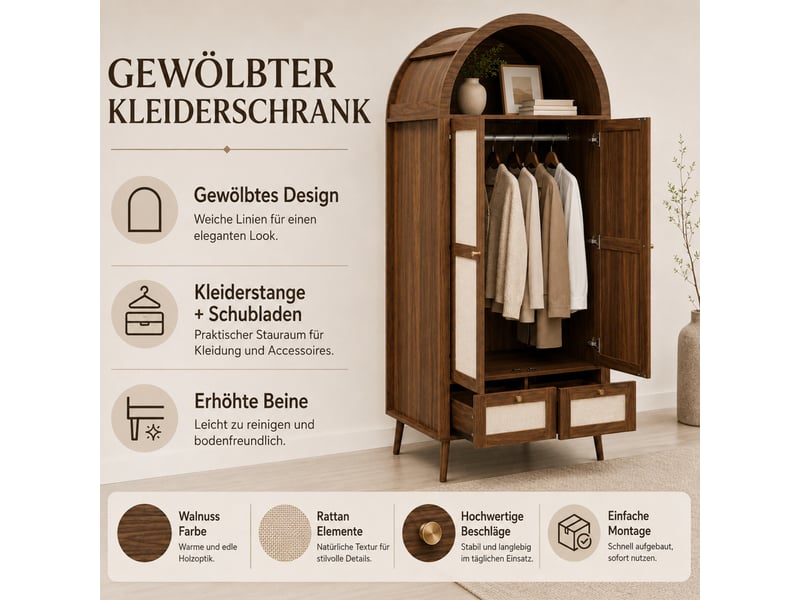  Armoire 80x55x180 cm 2 portes, 2 tiroirs et niche ouverte décor noyer et beige  - Conforama E