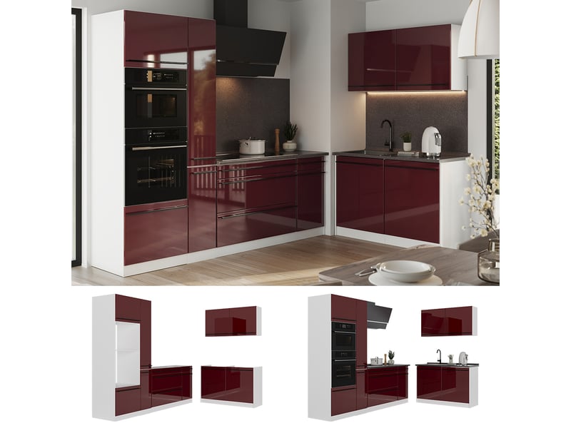  Vicco cuisine en angle, rouge brillantblanc, 230 x 120 cm plan de travail marbre  - Conforama D