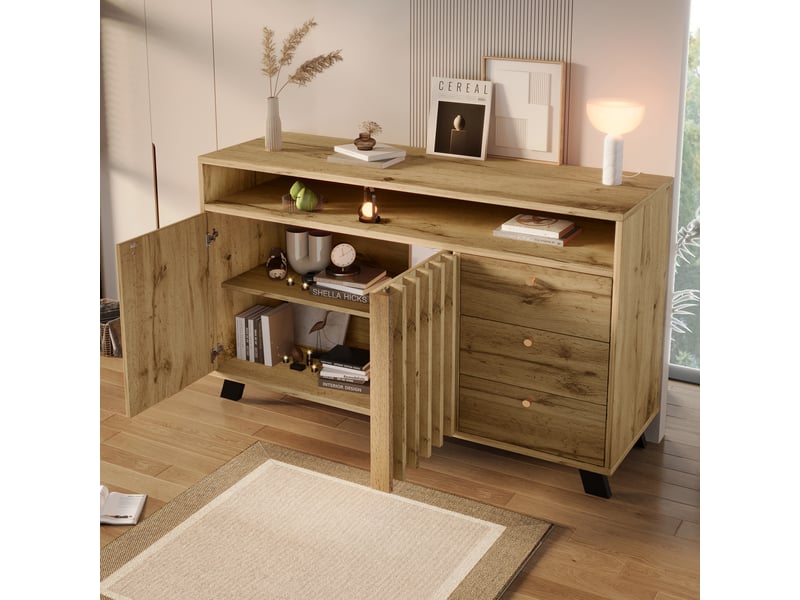  Buffet 120 cm effet chêne foncé, 2 portes, 3 tiroirs, niches ouvertes  - Conforama D