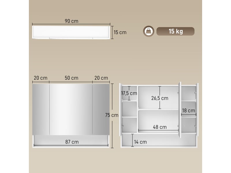  Armoire murale salle de bain avec miroir, armoire de toilette 3 portes miroir, étagères réglables, blanc, 90x15x75cm  - Conforama C